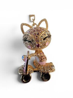Rhinestone Cat Purse Charm Keychain Pink Crystal Kitty Scooter Handbag Charm